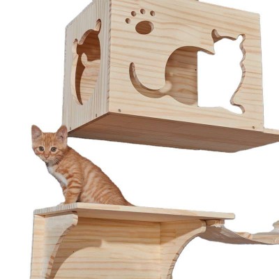 Cat climbing frame solid wood DIY platform cat wall house climb track springboard sisal grab post cats drill hole wall mounted