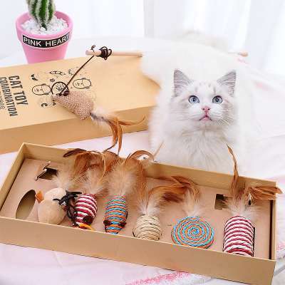 cute boomWooden combination bell feathers funny cat cat toy set feather pet toys for cat treat dispenser interactive pet toys